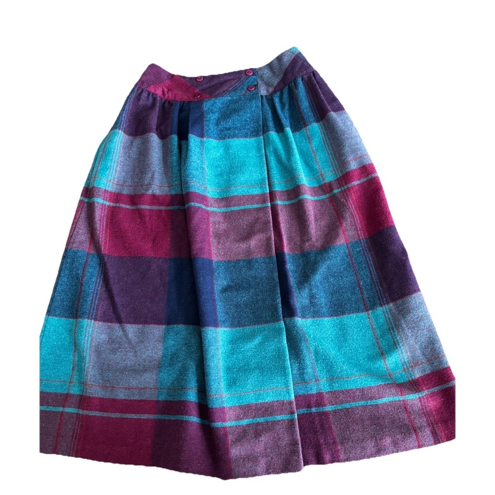 VTG Skirt Wool Blend Plaid Pink Blue‎ Preppy 70s Academia Midi Retro Medium